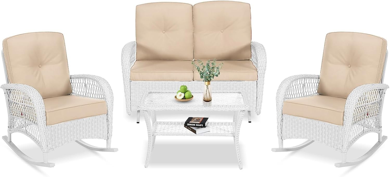 VIVIJASON 4Piece Outdoor Patio White Wicker Conversation Sets, All