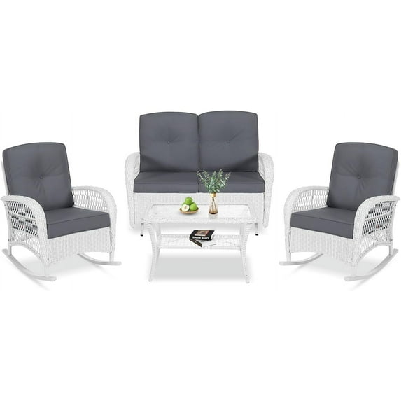 VIVIJASON 4-Piece Outdoor Patio White Wicker Conversation Sets, All Weather Outdoor Rattan Furniture Set Includes Glider Loveseat, Coffee Table, 2 Rocking Chairs with Cushions for Backyard, Grey