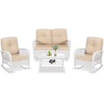 thumbnail image 1 of VIVIJASON 4-Piece Outdoor Patio White Wicker Conversation Sets, All Weather Outdoor Rattan Furniture Set Includes Glider Loveseat, Coffee Table, 2 Rocking Chairs with Cushions for Backyard, Beige, 1 of 7