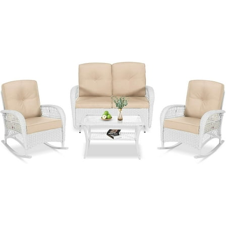 VIVIJASON 4-Piece Outdoor Patio White Wicker Conversation Sets, All Weather Outdoor Rattan Furniture Set Includes Glider Loveseat, Coffee Table, 2 Rocking Chairs with Cushions for Backyard, Beige