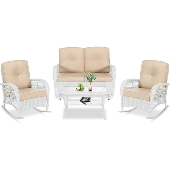 VIVIJASON 4-Piece Outdoor Patio White Wicker Conversation Sets, All Weather Outdoor Rattan Furniture Set Includes Glider Loveseat, Coffee Table, 2 Rocking Chairs with Cushions for Backyard, Beige