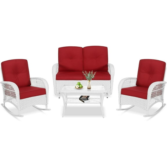 VIVIJASON 4-Piece Outdoor Patio White Wicker Conversation Sets, All Weather Outdoor Rattan Furniture Set Includes Glider Loveseat, Coffee Table, 2 Rocking Chairs with Cushions for Backyard, Red