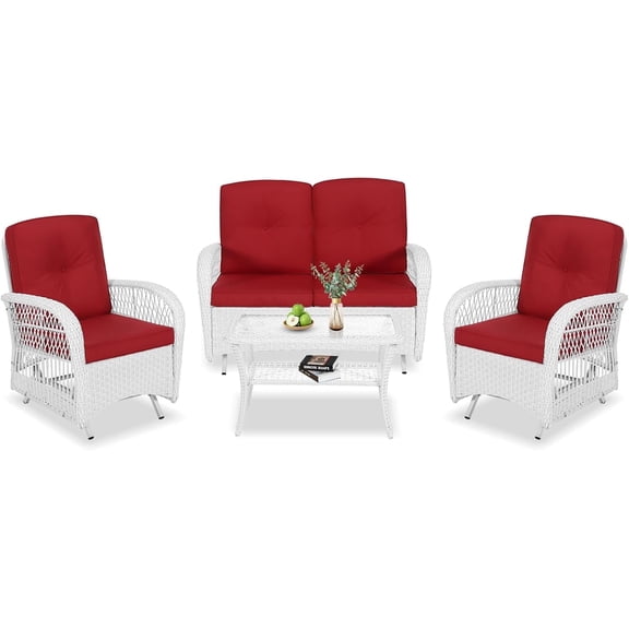 VIVIJASON 4-Piece Outdoor Patio White Wicker Conversation Sets, All Weather Rattan Furniture Set Includes Glider Loveseat, Coffee Table, 2 Glider Rocker Chairs w/Cushion for Lawn Balcony, Red