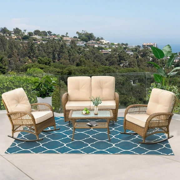 VIVIJASON 4-Piece Wicker Outdoor Patio Conversation Sets, Light Brown / Beige