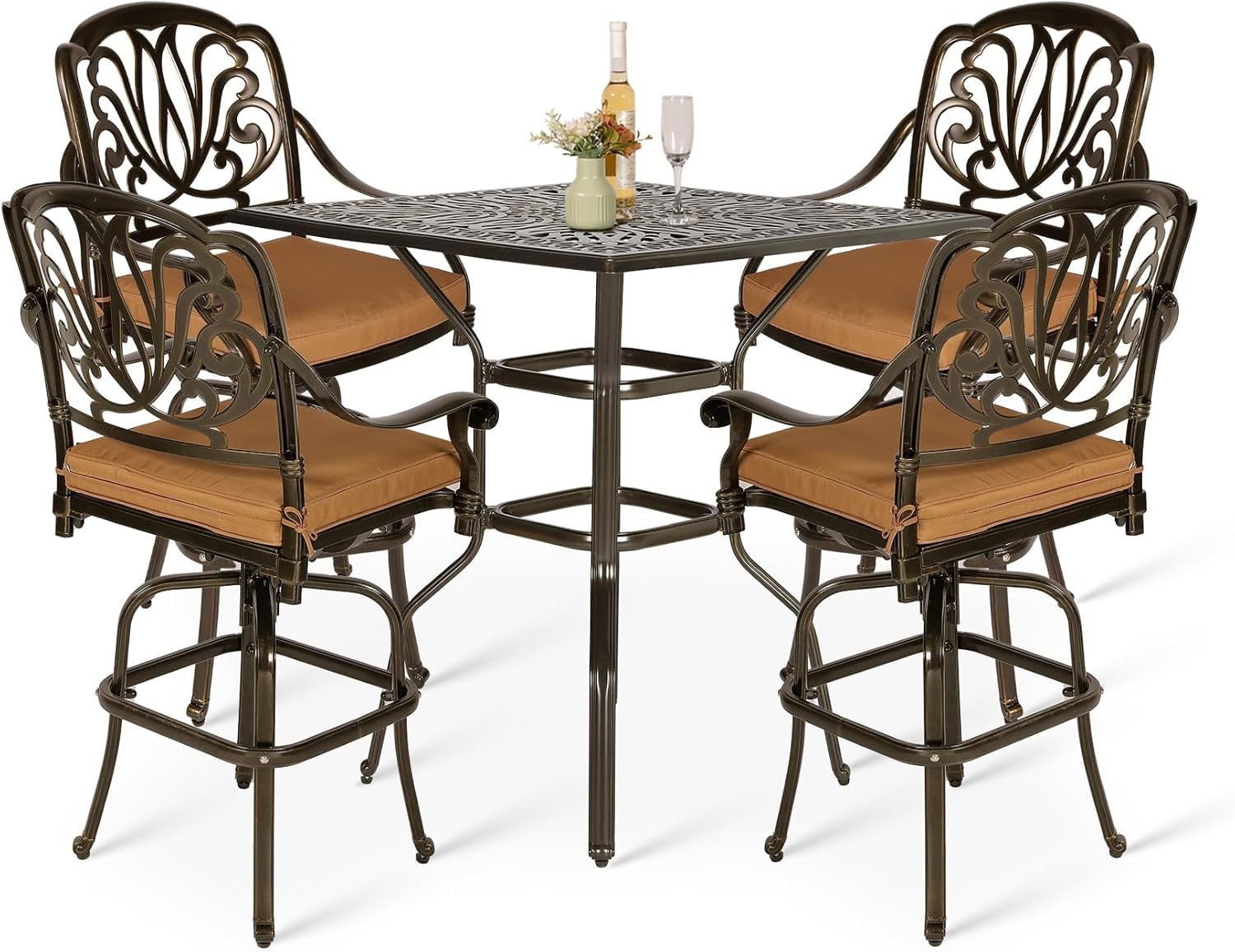 Bronze Cast Aluminum 5-Piece Bar Height Patio Dining Set with Cushions