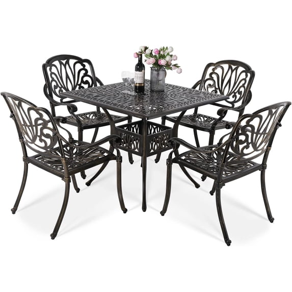 VIVIJASON 5-Piece Outdoor Cast Aluminum Patio Dining Set, All-Weather Conversation Furniture Set, Include 4 Chairs and a 35.2 inch Square Table w/Umbrella Hole for Balcony, Lawn, Garden, Backyard
