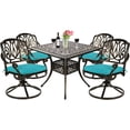 thumbnail image 1 of VIVIJASON 5-Piece Outdoor Patio Dining Set, All-Weather Cast Aluminum Conversation Set, Patio Furniture Set, Include 4 Swivel Dining Chairs, a 35.4" Square Table w/Umbrella Hole, Ocean Blue Cushion, 1 of 7