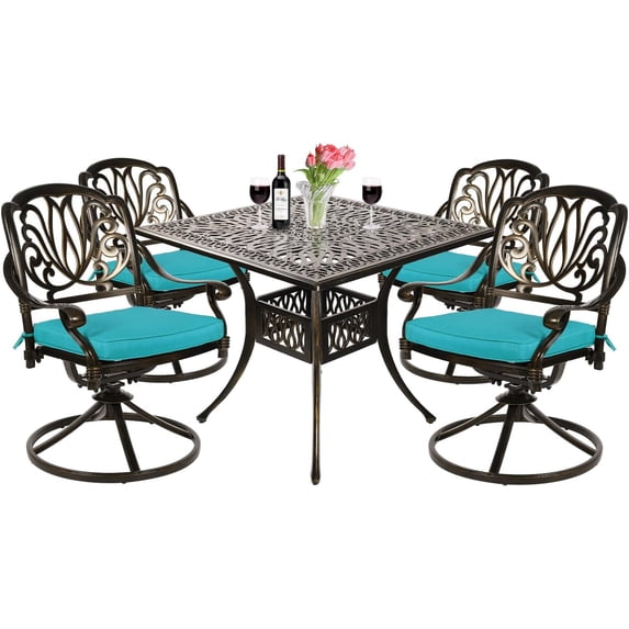 VIVIJASON 5-Piece Outdoor Patio Dining Set, All-Weather Cast Aluminum Conversation Set, Patio Furniture Set, Include 4 Swivel Dining Chairs, a 35.4" Square Table w/Umbrella Hole, Ocean Blue Cushion