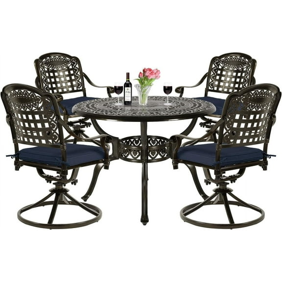 VIVIJASON 5-Piece Outdoor Patio Dining Set, All-Weather Cast Aluminum Conversation Set, Patio Furniture Set for Backyard, Include 4 Swivel Chairs, 38.5" Round Table w/Umbrella Hole, Navy Blue Cushion