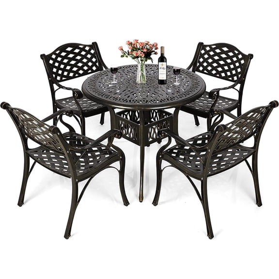 VIVIJASON 5-Piece Outdoor Patio Dining Set, All-Weather Cast Aluminum Conversation Set, Patio Furniture Set for Balcony Lawn Garden Backyard, Include 4 Chairs, a 35.2" Round Table with Umbrella Hole