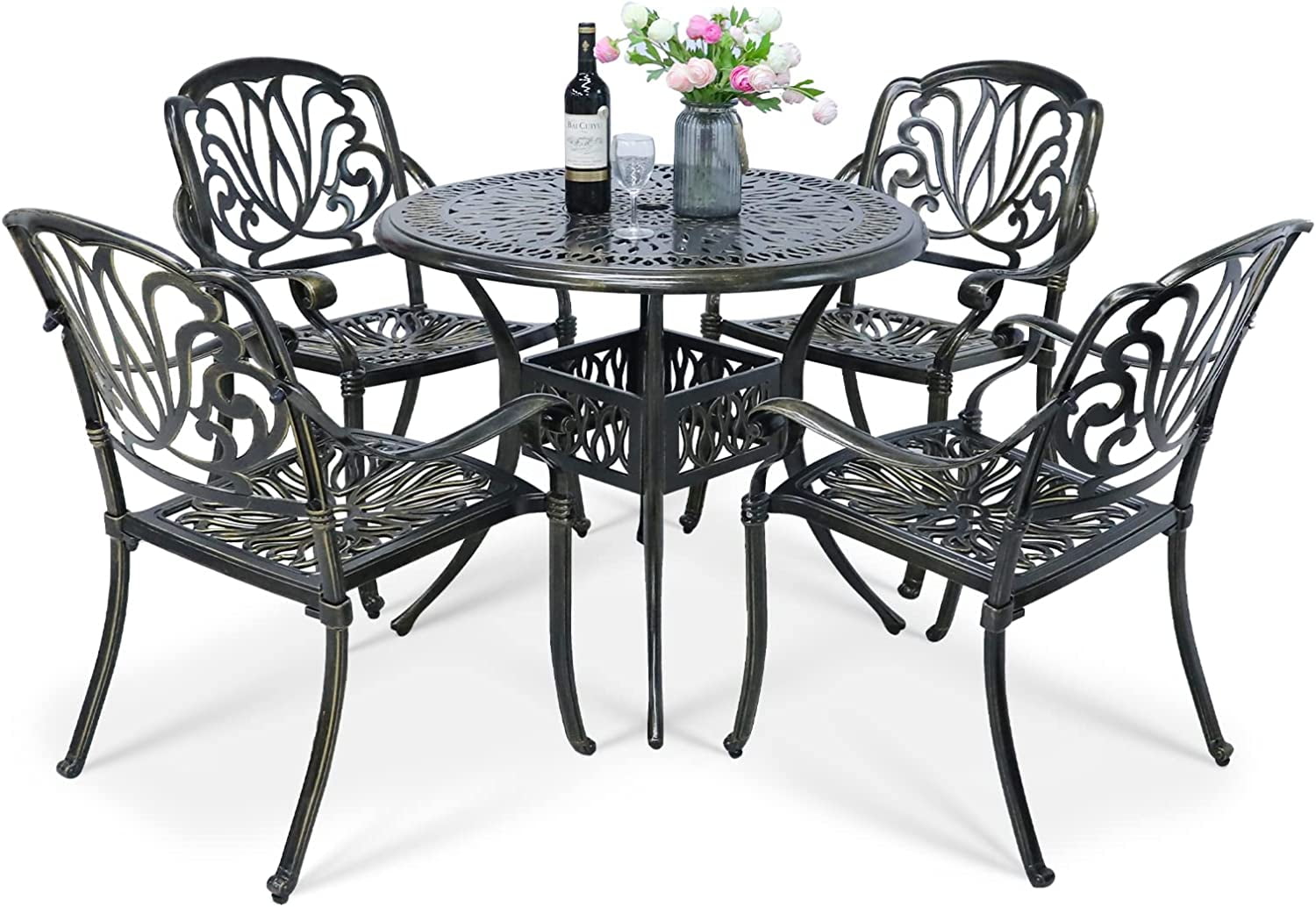 VIVIJASON 5-Piece Outdoor Patio Dining Set, All-Weather Cast Aluminum Conversation Set, Patio Furniture Set for Balcony Lawn Garden Backyard, Include 4 Chairs, a 35.2 inch Round Table w/Umbrella Hole