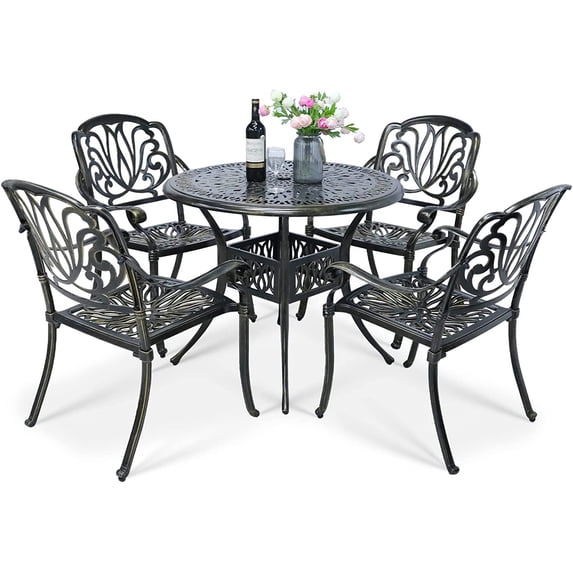VIVIJASON 5-Piece Outdoor Patio Dining Set, All-Weather Cast Aluminum Conversation Set, Patio Furniture Set for Balcony Lawn Garden Backyard, Include 4 Chairs, a 35.2 inch Round Table w/Umbrella Hole