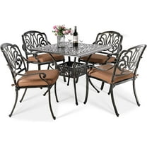 VIVIJASON 5-Piece Outdoor Patio Dining Set, All-Weather Cast Aluminum Conversation Set, Patio Furniture Set for Balcony Lawn Garden, Include 4 Cushioned Chairs, a 35.4" Square Table w/Umbrella Hole