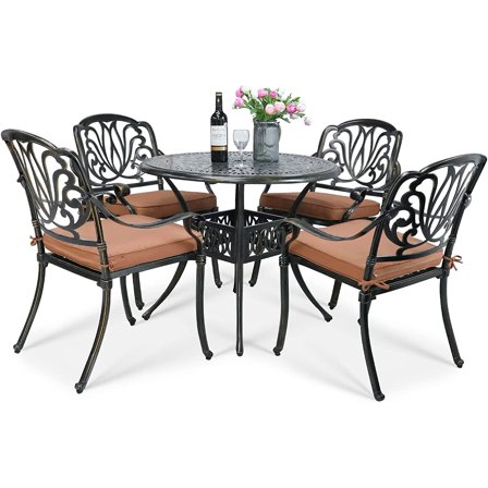 VIVIJASON 5-Piece Outdoor Patio Dining Set, All-Weather Cast Aluminum Conversation Set, Patio Furniture Set for Balcony Lawn Garden, Include 4 Cushioned Chairs, a 35.4 inch Round Table w/Umbrella Hole