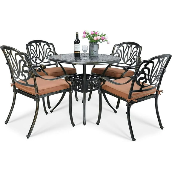 VIVIJASON 5-Piece Outdoor Patio Dining Set, All-Weather Cast Aluminum Conversation Set, Patio Furniture Set for Balcony Lawn Garden, Include 4 Cushioned Chairs, a 35.4 inch Round Table w/Umbrella Hole