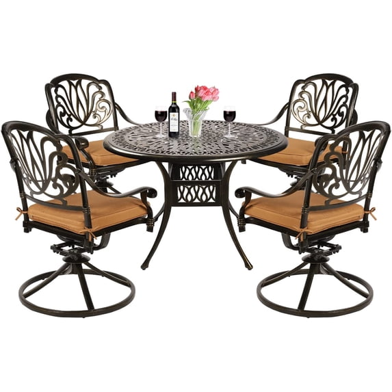 VIVIJASON 5-Piece Outdoor Patio Dining Set with Swivel Chairs and Round Table, Antique Bronze/Beige
