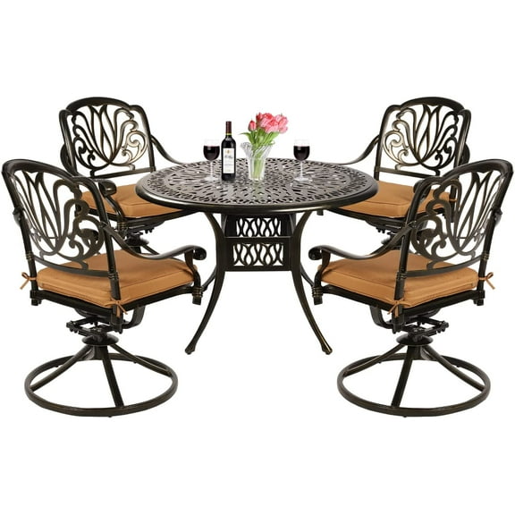 VIVIJASON 5-Piece Outdoor Patio Dining Set with Swivel Chairs and Round Table, Antique Bronze/Beige