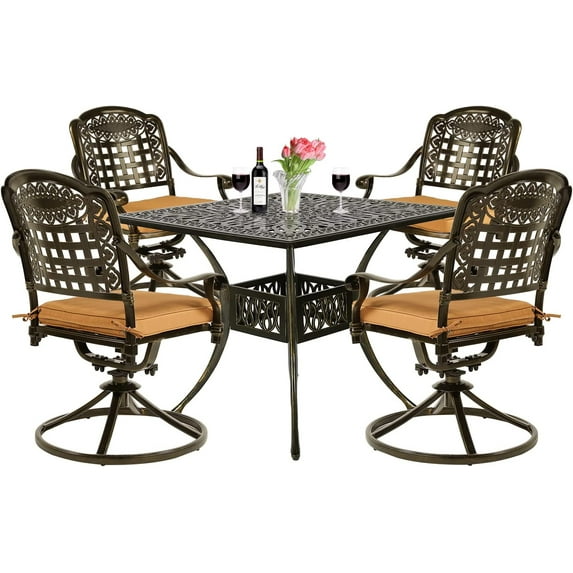 VIVIJASON 5-Piece Outdoor Patio Dining Set, All-Weather Cast Aluminum Conversation Set, Patio Furniture Set for Balcony Lawn Garden, Include 4 Swivel Cushioned Chairs, 1 Square Table w/Umbrella Hole