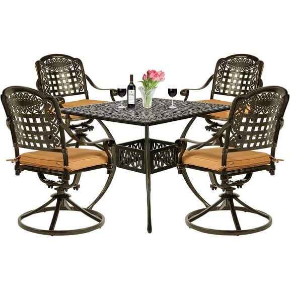 VIVIJASON 5-Piece Outdoor Patio Dining Set, All-Weather Cast Aluminum Conversation Set, Patio Furniture Set for Balcony Lawn Garden, Include 4 Swivel Cushioned Chairs, 1 Square Table w/Umbrella Hole