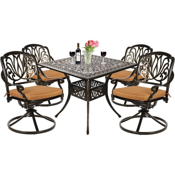VIVIJASON 5-Piece Outdoor Patio Dining Set, All-Weather Cast Aluminum Conversation Set, Patio Furniture Set for Deck Lawn Garden, Include 4 Swivel Dining Chairs, a 35.4" Square Table w/Umbrella Hole