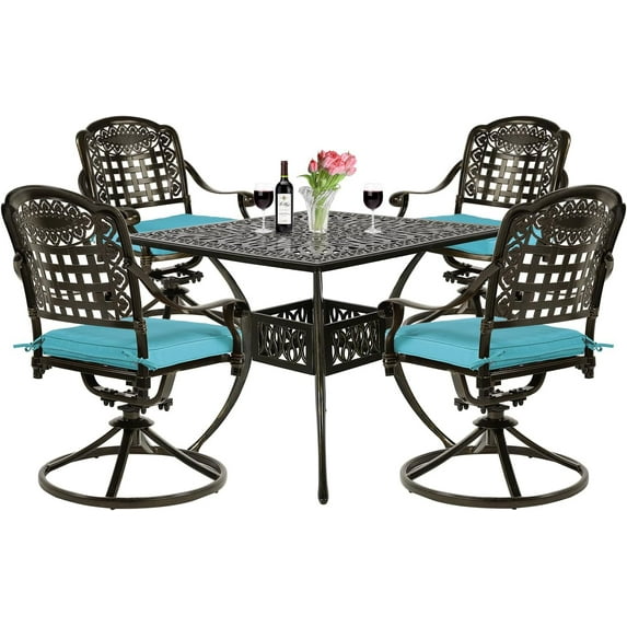 VIVIJASON 5-Piece Outdoor Patio Dining Set, All-Weather Cast Aluminum Conversation Set, Patio Furniture Set Include 4 Swivel Cushioned Chairs, 1 Square Table w/Umbrella Hole, Ocean Blue Cushion