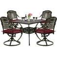thumbnail image 1 of VIVIJASON 5-Piece Outdoor Patio Dining Set, All-Weather Cast Aluminum Conversation Set for Balcony, Patio Furniture Set Include 4 Swivel Cushioned Chairs, 1 Square Table w/Umbrella Hole, Red Cushion, 1 of 7