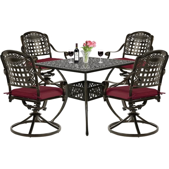 VIVIJASON 5-Piece Outdoor Patio Dining Set, All-Weather Cast Aluminum Conversation Set for Balcony, Patio Furniture Set Include 4 Swivel Cushioned Chairs, 1 Square Table w/Umbrella Hole, Red Cushion