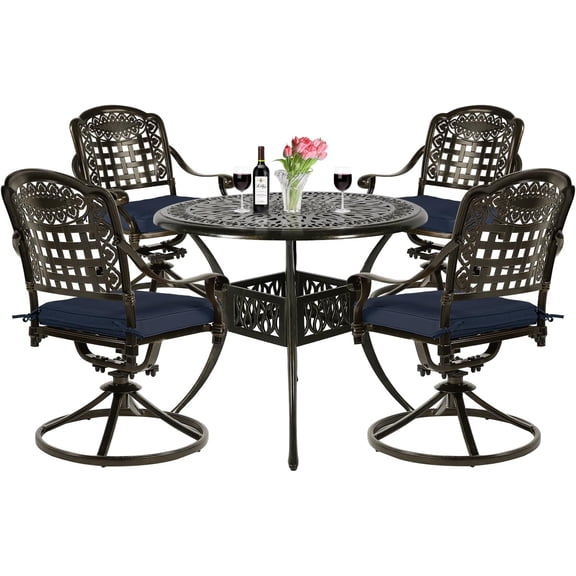 VIVIJASON 5-Piece Outdoor Patio Dining Set, All-Weather Cast Aluminum Conversation Set, Patio Furniture Set, Include 4 Swivel Cushioned Chairs, 1 Round Table w/Umbrella Hole, Navy Blue Cushion