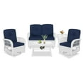 thumbnail image 1 of VIVIJASON 5-Piece Outdoor Patio White Wicker Conversation Sets, All Weather Outdoor Rattan Furniture Set Includes Glider Loveseat, 2 Coffee Table, 2 Swivel-Gliders Chairs with Cushions, Navy Blue, 1 of 6
