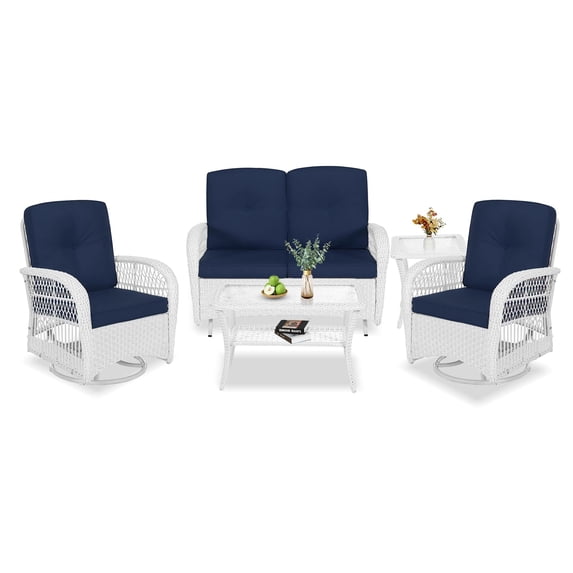 VIVIJASON 5-Piece Outdoor Patio White Wicker Conversation Sets, All Weather Outdoor Rattan Furniture Set Includes Glider Loveseat, 2 Coffee Table, 2 Swivel-Gliders Chairs with Cushions, Navy Blue