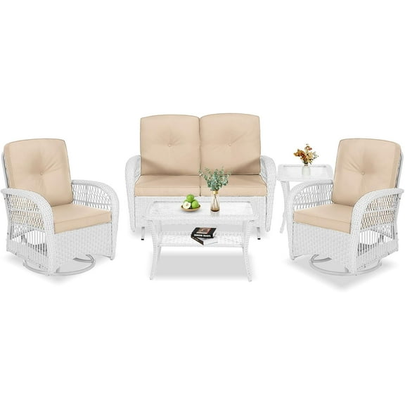 VIVIJASON 5-Piece Outdoor Patio White Wicker Conversation Sets, All Weather Outdoor Rattan Furniture Set Includes Glider Loveseat, 2 Coffee Table, 2 Swivel-Gliders Chairs with Cushions, Beige