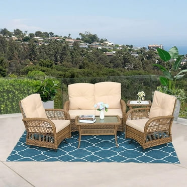 VIVIJASON 5-Piece Outdoor Patio Wicker Conversation Sets, All Weather Outdoor Rattan Furniture Set Includes Glider Loveseat, 2 Coffee Table, 2 Glider Rocker Chairs with Cushions, Light Brown