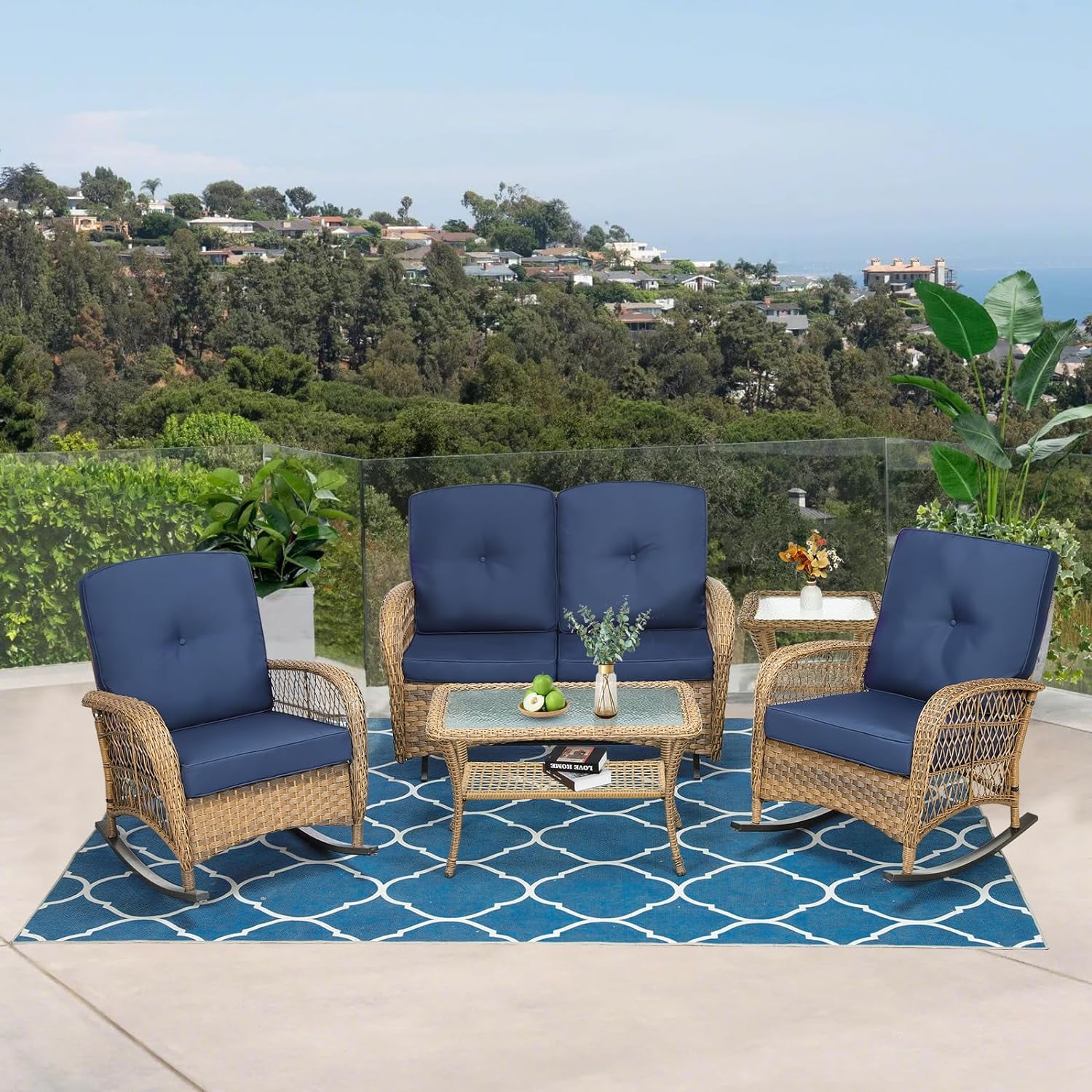 VIVIJASON 5-Piece Outdoor Patio Wicker Conversation Sets, All Weather Outdoor Rattan Furniture Set Includes Glider Loveseat, 2 Coffee Table, 2 Rocking Chairs with Cushions for Backyard, Navy Blue