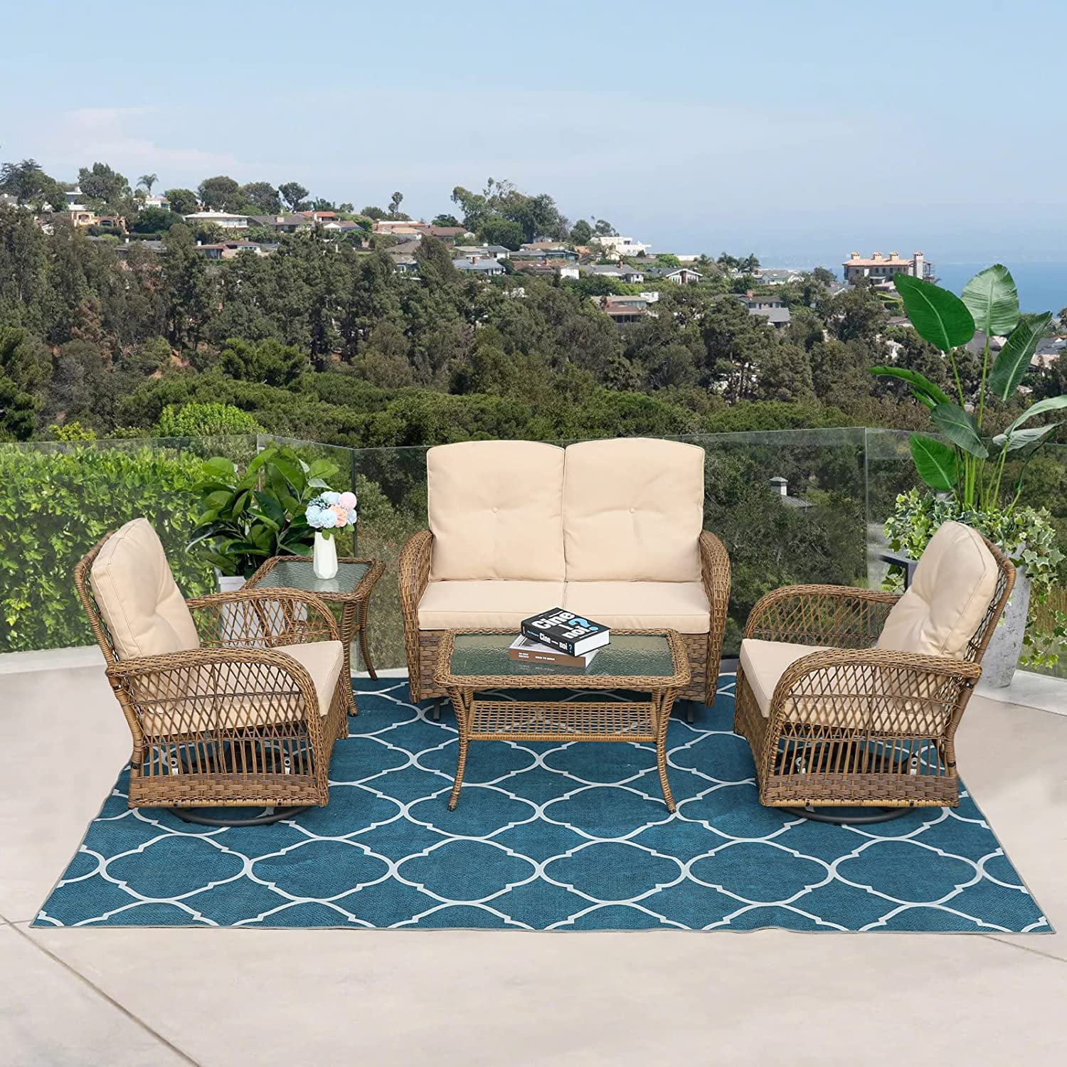 VIVIJASON 5Piece Outdoor Patio Wicker Conversation Sets, All Weather