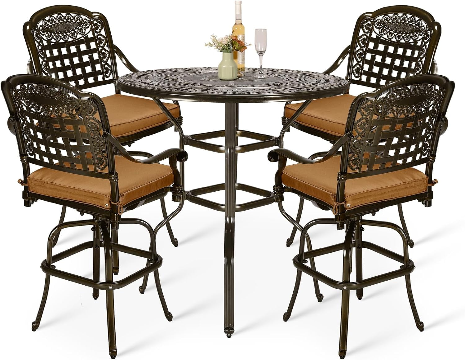 Rust-Free Cast Aluminum 5-Piece Bar Height Patio Dining Set with Cushions