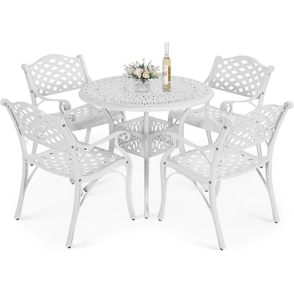VIVIJASON 5-Piece Patio Dining Set, All-Weather Outdoor Cast Aluminum Conversation Set, Include 4 Chairs, a 35.4" Round Table W/Umbrella Hole, Patio Dining Furniture Set for Balcony Garden, White