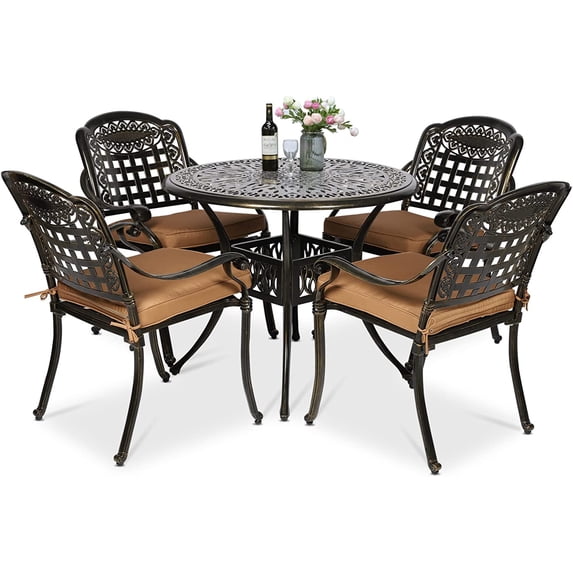 VIVIJASON 5-Piece Patio Furniture Dining Set, All-Weather Cast Aluminum Outdoor Conversation Set, Include 4 Cushioned Chairs and a 35.4" Round Table w/Umbrella Hole for Balcony, Lawn, Garden, Backyard