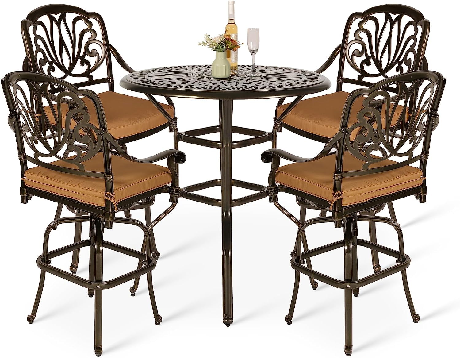 Bronze Cast Aluminum 5-Piece Bar Height Patio Dining Set with Cushions