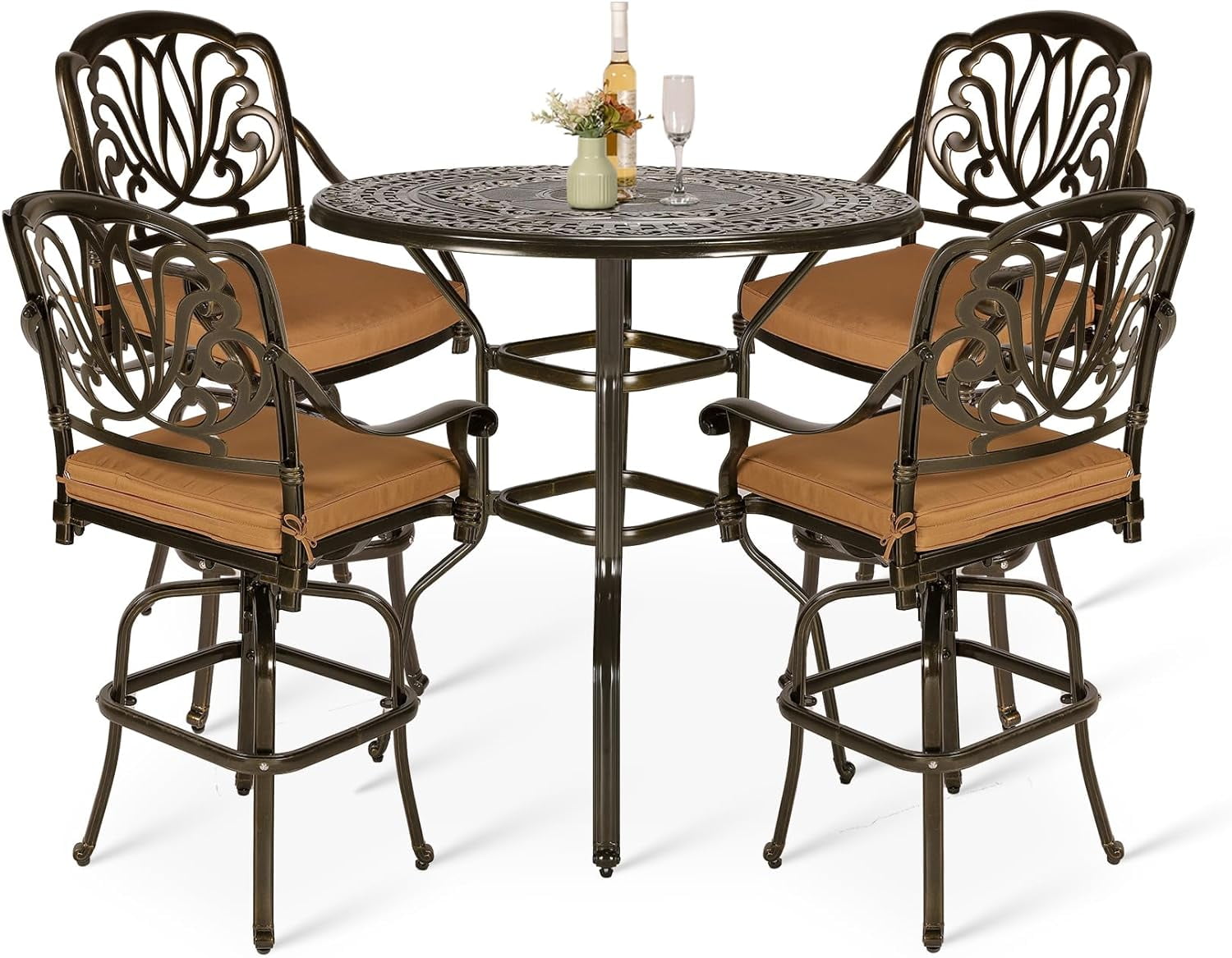 Bronze Cast Aluminum 5-Piece Bar Height Patio Dining Set with Cushions