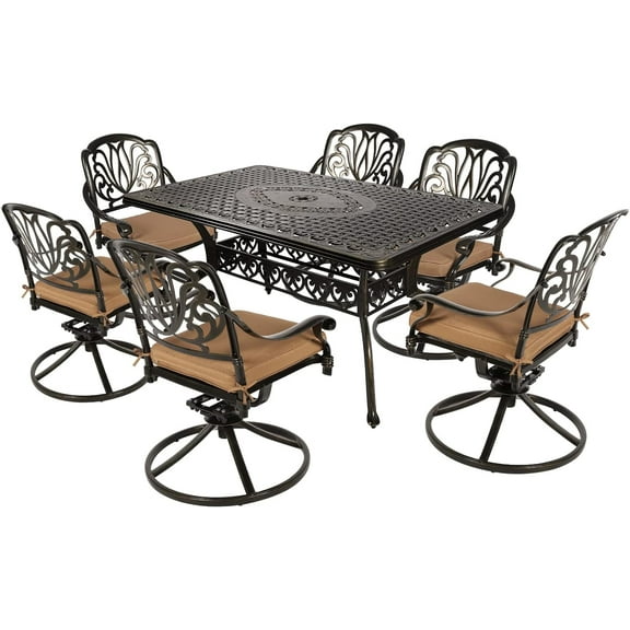 VIVIJASON 7-Piece Outdoor Furniture Dining Set, All-Weather Cast Aluminum Conversation Set Includes 6 Swivel Dining Chairs and a Rectangle Table with Umbrella Hole for Patio Garden Deck