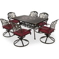thumbnail image 1 of VIVIJASON 7-Piece Outdoor Furniture Dining Set, All-Weather Cast Aluminum Conversation Set Includes 6 Swivel Dining Chairs and a Rectangle Table with Umbrella Hole for Patio Garden Deck, Red Cushion, 1 of 7