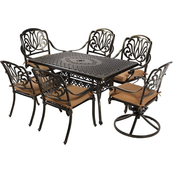 VIVIJASON 7-Piece Outdoor Furniture Dining Set, All-Weather Cast Aluminum Patio Conversation Set, Include 4 Stationary Chairs, 2 Swivel Dining Chairs and a Rectangle Table with Umbrella Hole