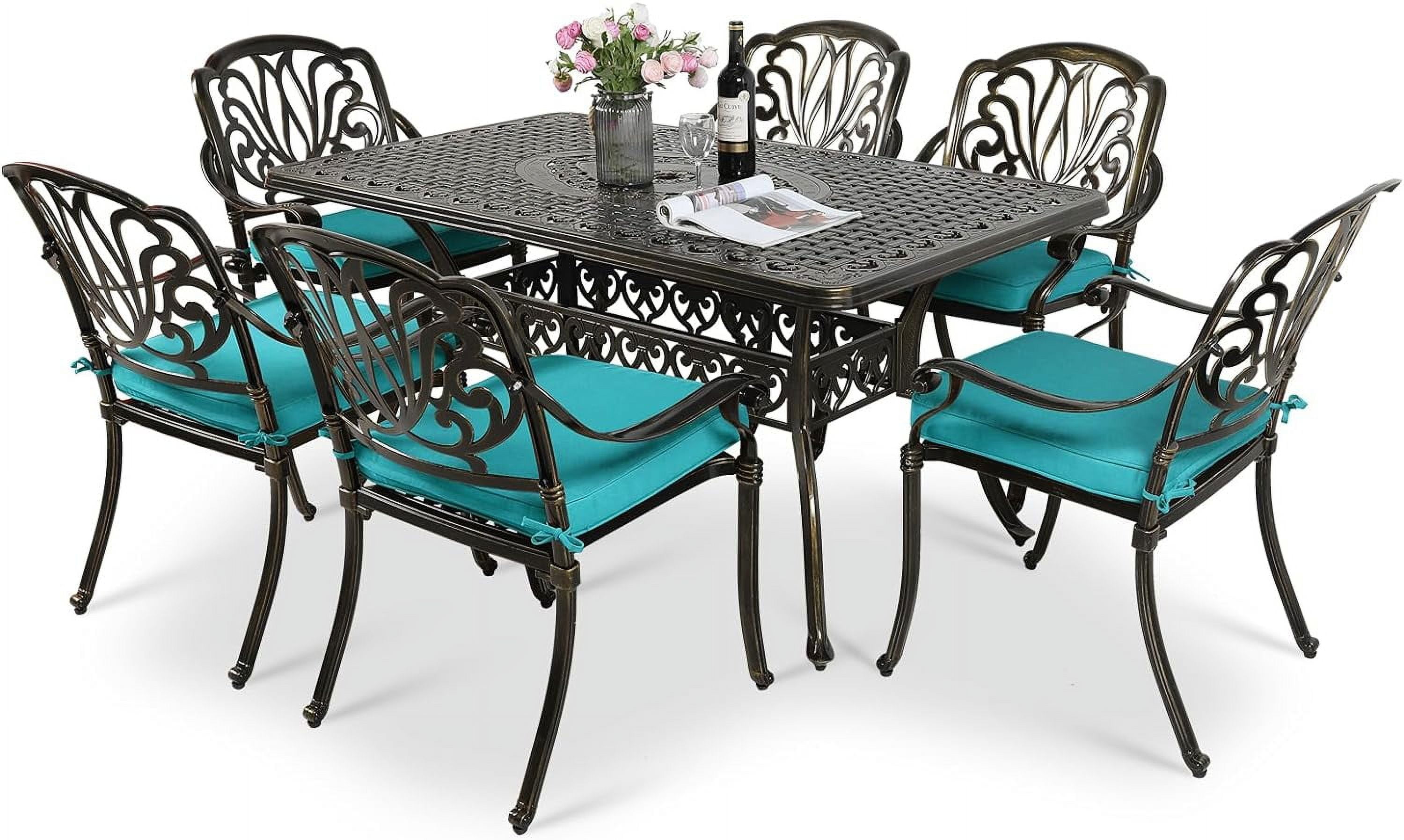 Antique Bronze 7-Piece Cast Aluminum Outdoor Dining Set with Cushions
