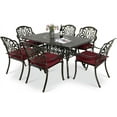 thumbnail image 1 of VIVIJASON 7-Piece Outdoor Furniture Dining Set, All-Weather Cast Aluminum Patio Conversation Set, Include 6 Cushioned Chairs and a Rectangle Table with Umbrella Hole for Balcony Backyard, Red Cushion, 1 of 7