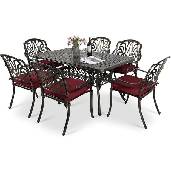 VIVIJASON 7-Piece Outdoor Furniture Dining Set, All-Weather Cast Aluminum Patio Conversation Set, Include 6 Cushioned Chairs and a Rectangle Table with Umbrella Hole for Balcony Backyard, Red Cushion