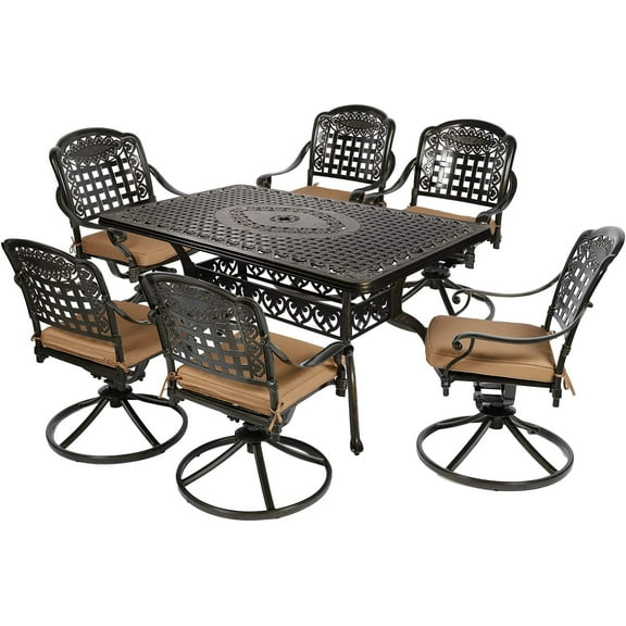 VIVIJASON 7-Piece Outdoor Furniture Dining Set, All-Weather Cast Aluminum Patio Conversation Set, Include 6 Swivel Dining Chairs and a Rectangle Table with Umbrella Hole for Lawn Garden Backyard