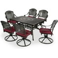 thumbnail image 1 of VIVIJASON 7-Piece Outdoor Furniture Dining Set, All-Weather Cast Aluminum Patio Conversation Set, Include 6 Swivel Dining Chairs and a Rectangle Table with Umbrella Hole, Red Cushion, 1 of 1