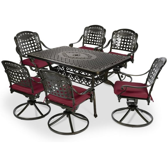 VIVIJASON 7-Piece Outdoor Furniture Dining Set, All-Weather Cast Aluminum Patio Conversation Set, Include 6 Swivel Dining Chairs and a Rectangle Table with Umbrella Hole, Red Cushion