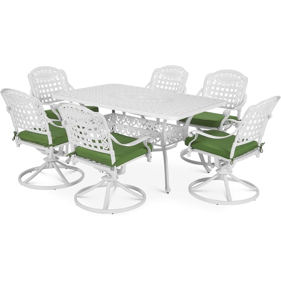 VIVIJASON 7-Piece Outdoor Furniture Dining Set, All-Weather Cast Aluminum Patio Conversation Set, Include 6 Swivel Dining Chairs and a Rectangle Table with Umbrella Hole, White/Green Cushion