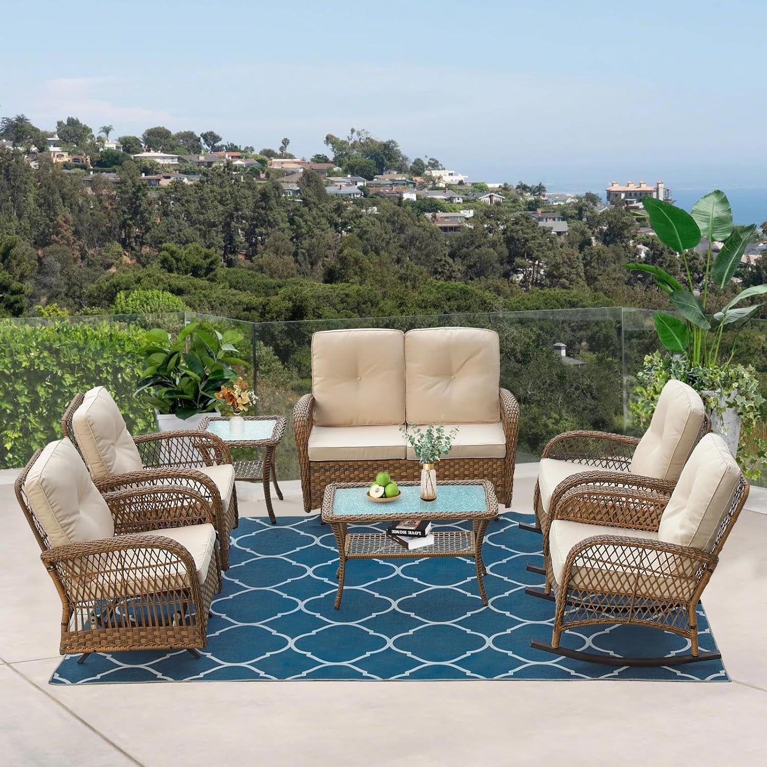 VIVIJASON 7Piece Outdoor Patio Wicker Conversation Sets, All Weather